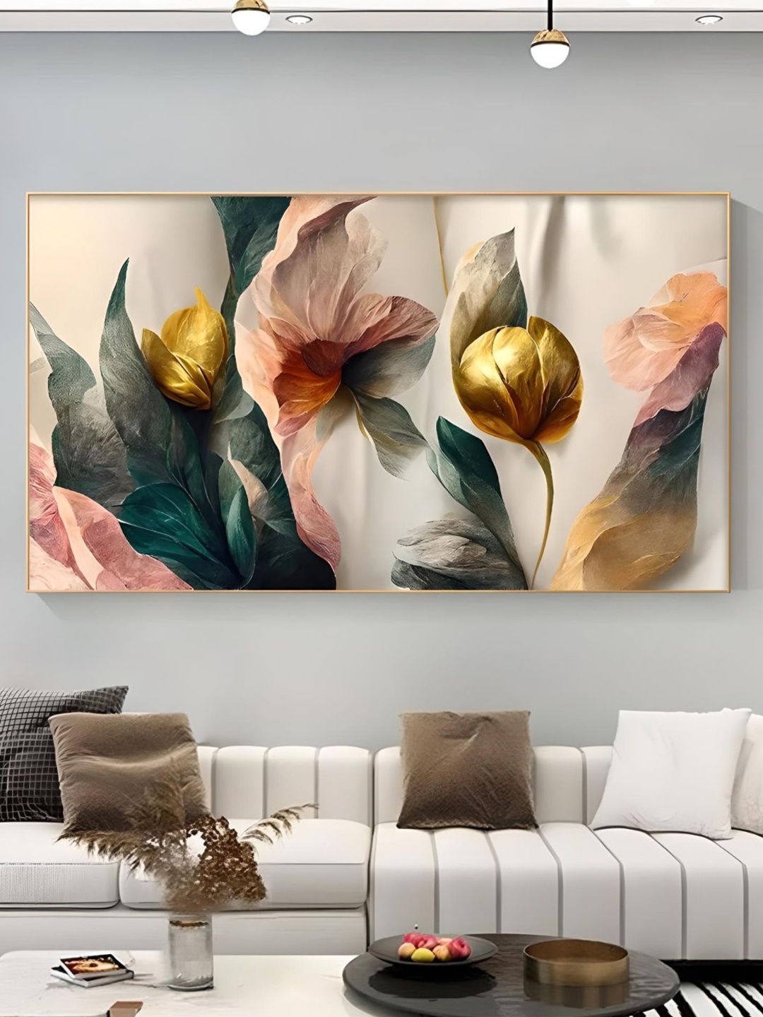 

THE HANDMADE FLAIR Beige & Green Flowers Framed Painting Wall Art
