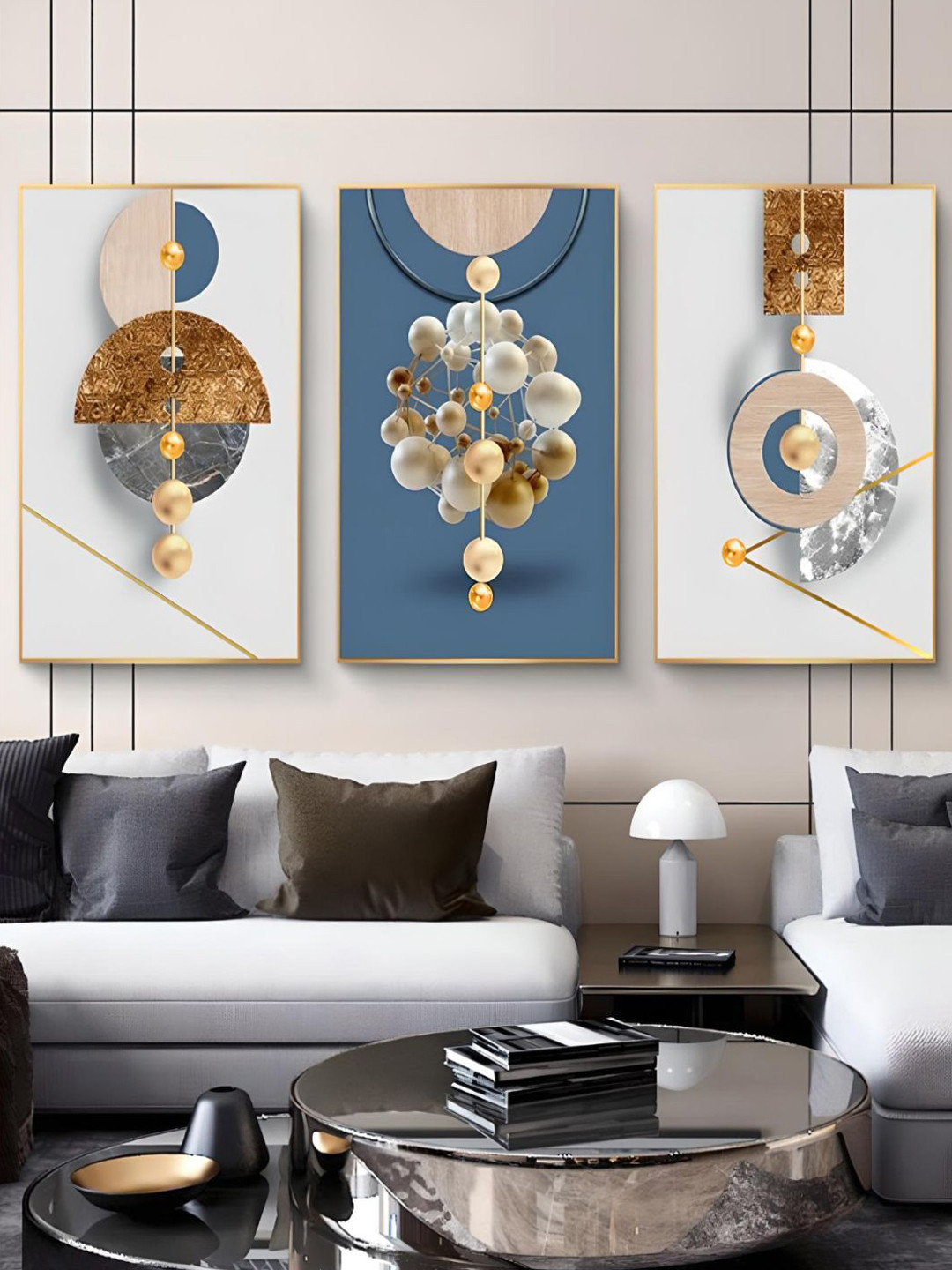 

THE HANDMADE FLAIR White & Blue 3 Pieces Modern Aesthetics Abstract Geometric Wall Arts