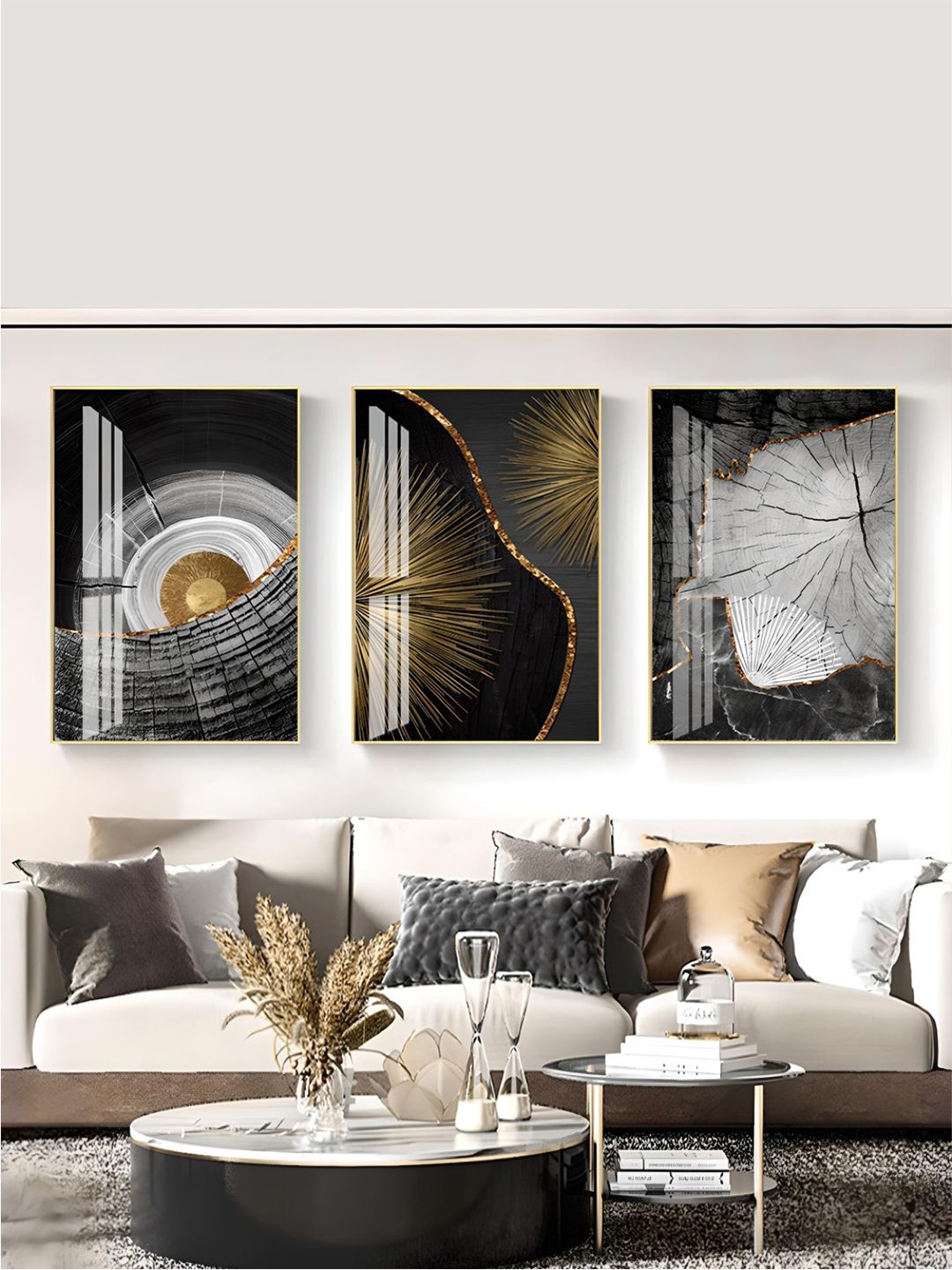 

THE HANDMADE FLAIR Grey & Green 3 Piece Wood Tree Rings Painting Wall Arts