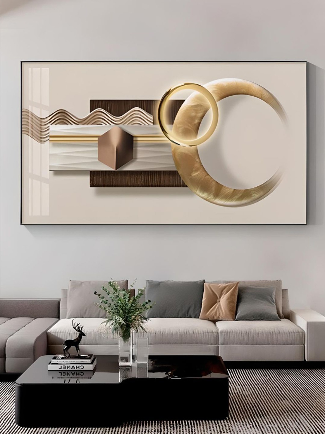 

THE HANDMADE FLAIR Cream-Coloured & Gold-Toned Wood Abstract Painting Wall Art