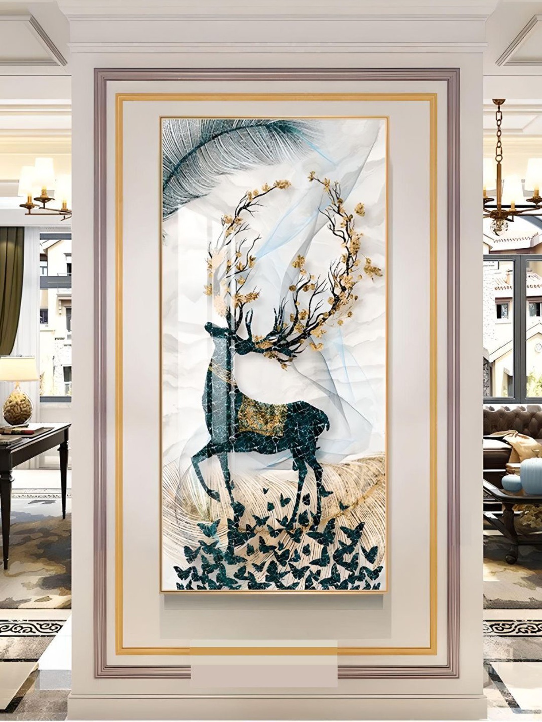 

THE HANDMADE FLAIR Beige & Blue Auspicious Mystical Deer Landscape Wall Art