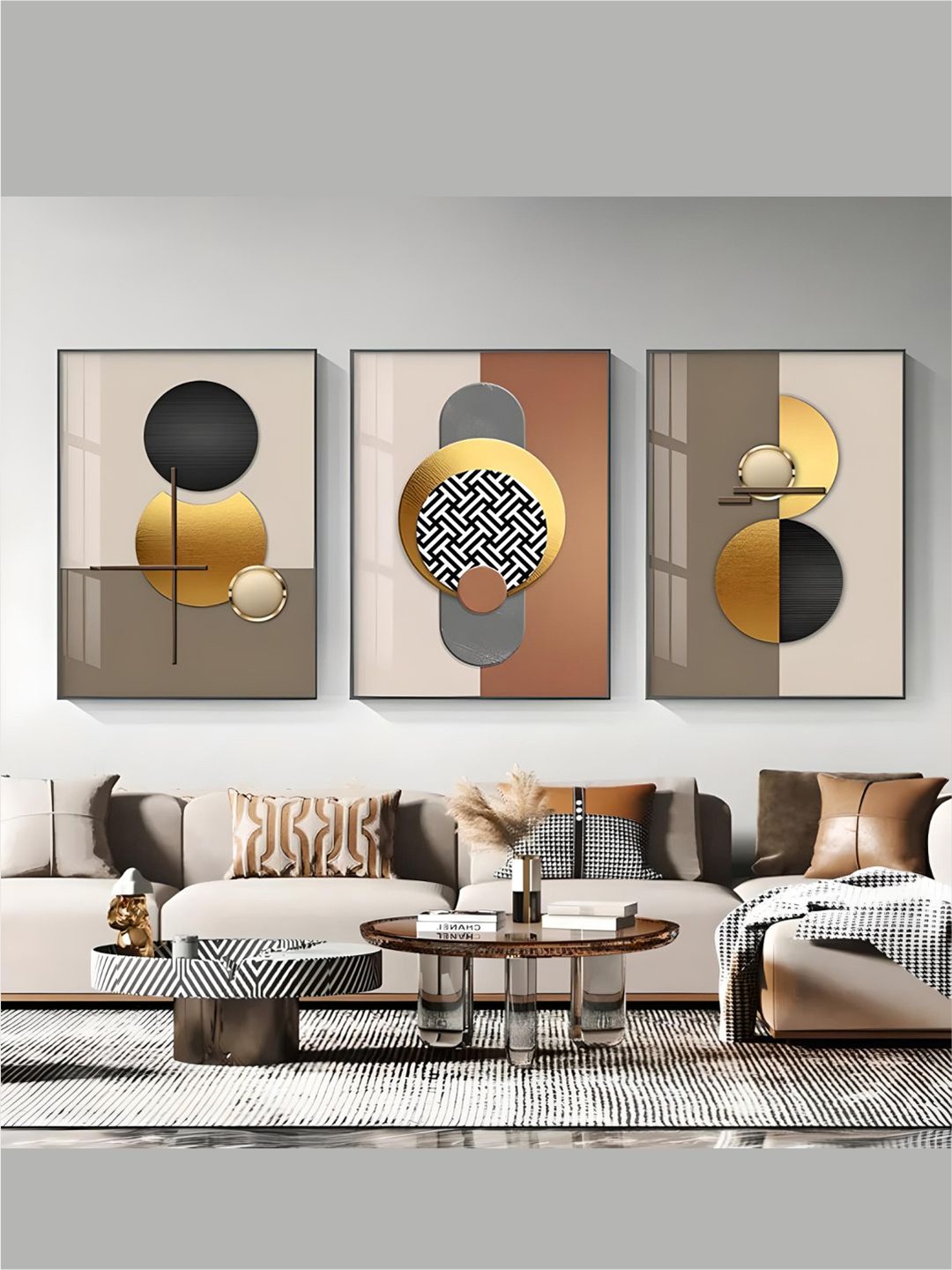 

THE HANDMADE FLAIR Grey & Beige 3 Pieces Abstract Wooden Paintings Wall Art, Brown
