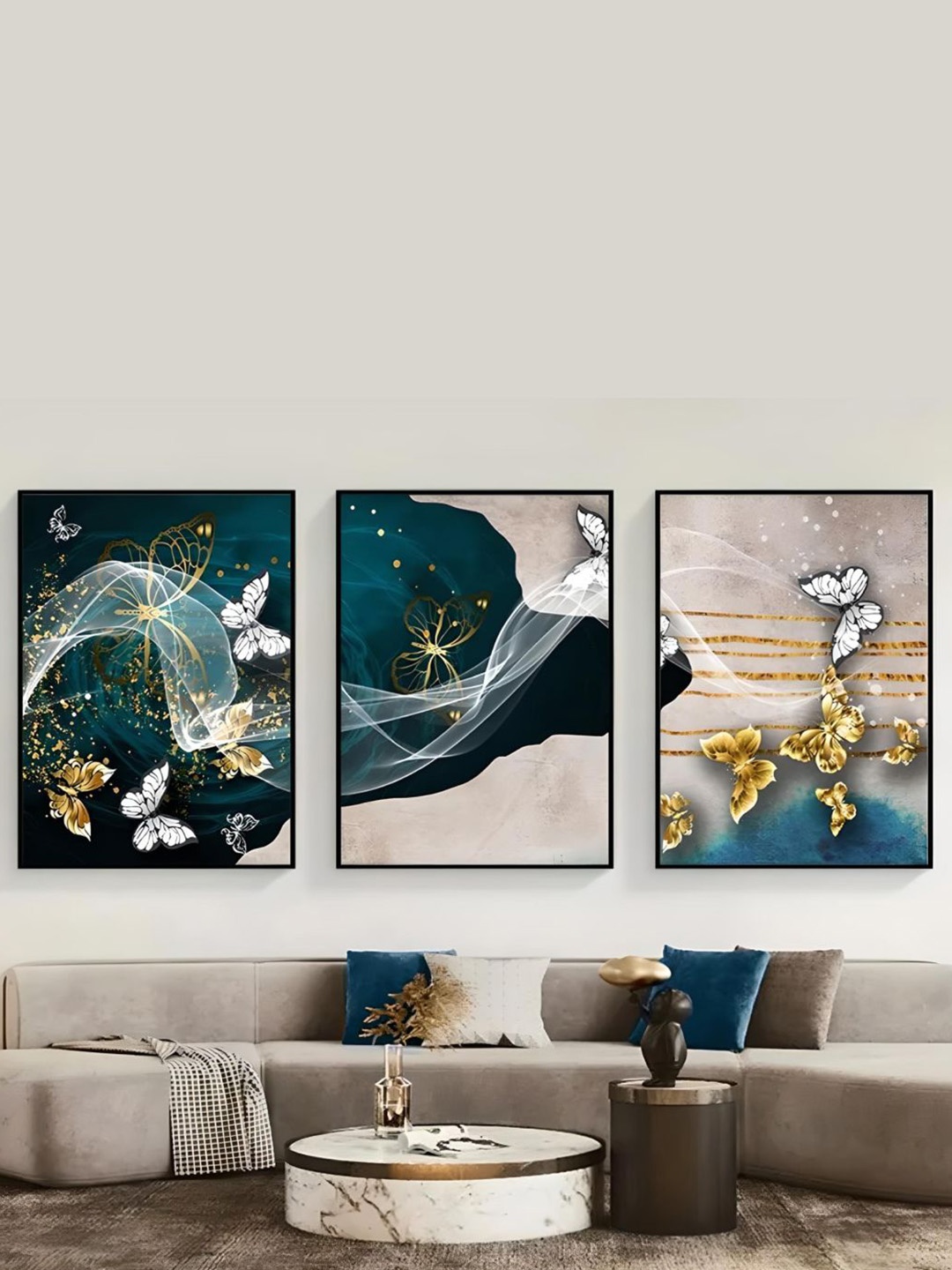 

THE HANDMADE FLAIR Blue & Beige 3 Pieces Abstract Wooden Paintings Wall Art