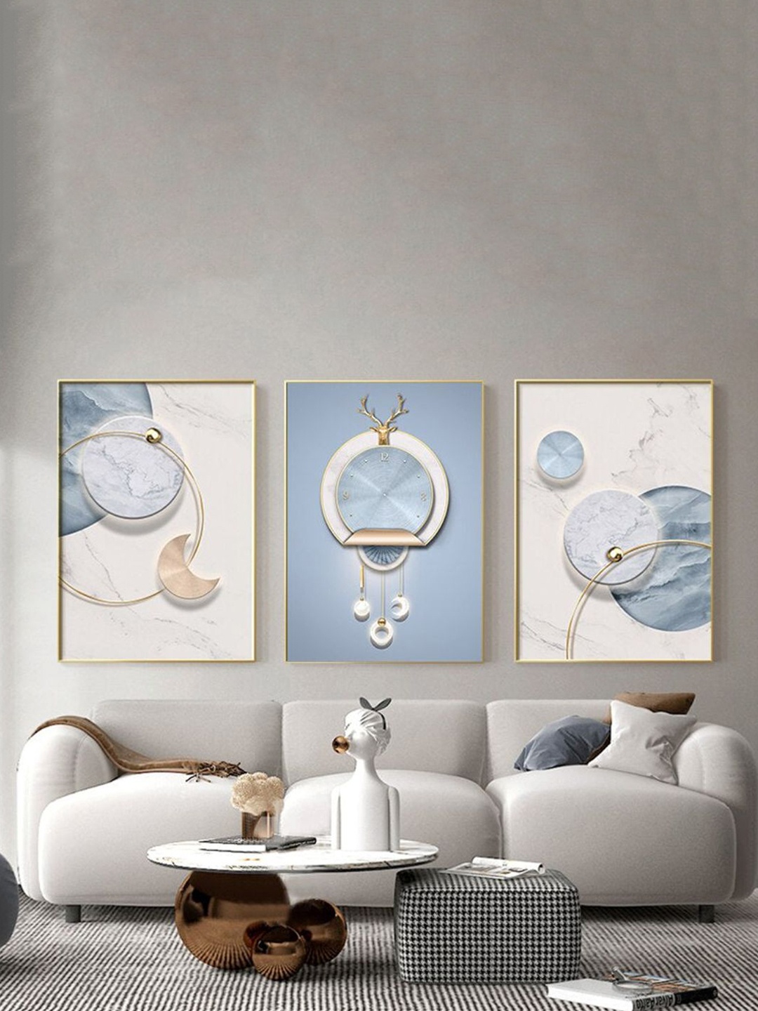 

THE HANDMADE FLAIR Blue & Beige 3 Pieces Wooden Circle Of Light Nordic Wall Art