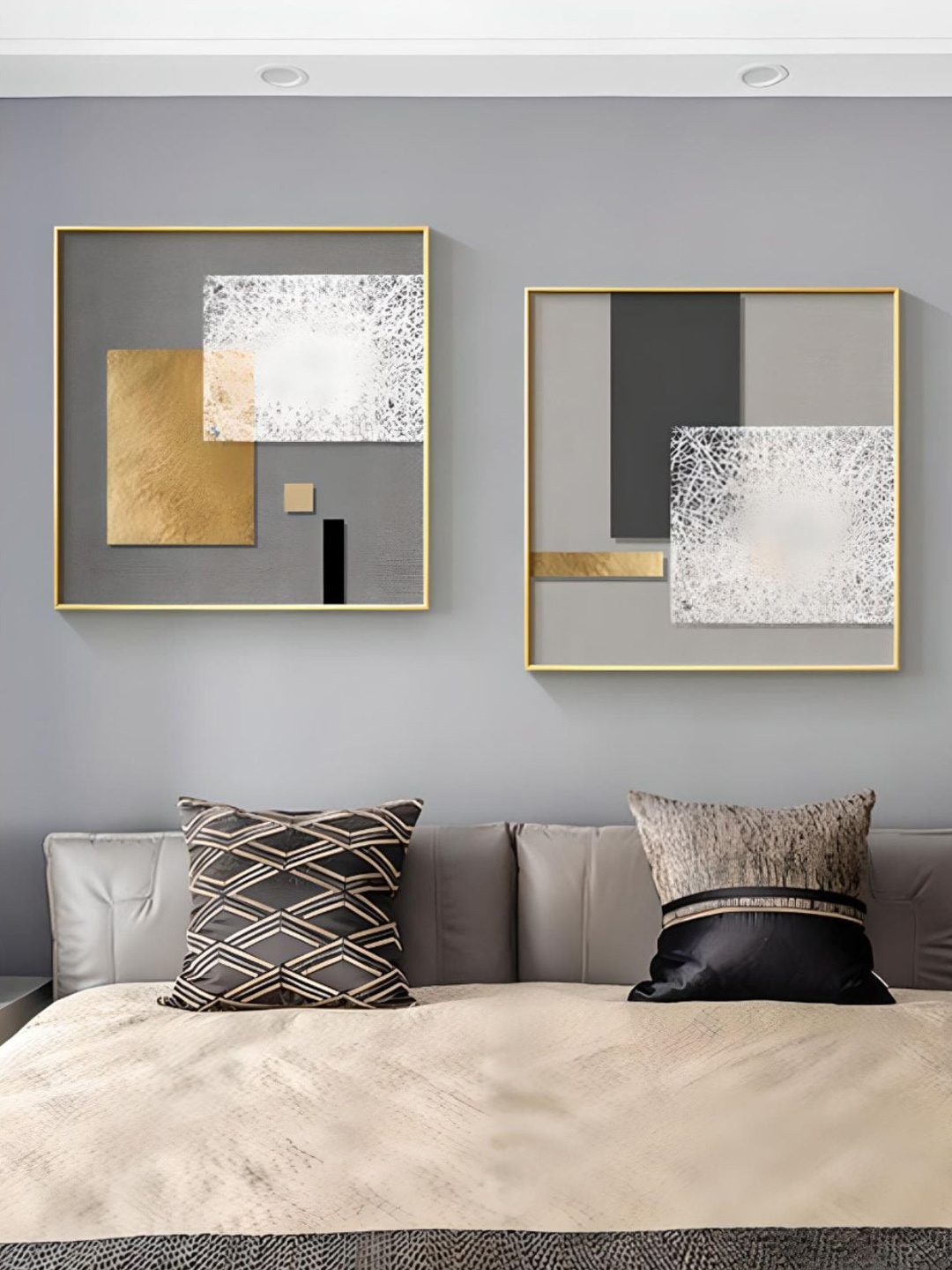 

THE HANDMADE FLAIR 2 Pcs Beige & Grey Abstract Framed Painting Wall Art