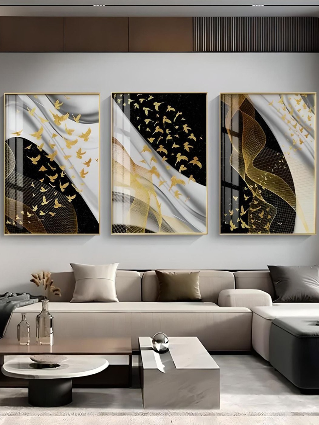 

THE HANDMADE FLAIR Black 3 Pcs Abstract Birds Flowing Wooden Framed Painting Wall Arts