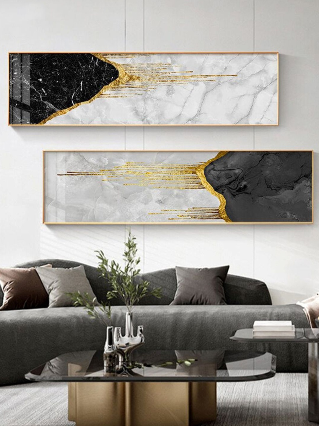 

THE HANDMADE FLAIR 2 Pcs Grey & Gold-Toned Abstract Framed Painting Wall Art