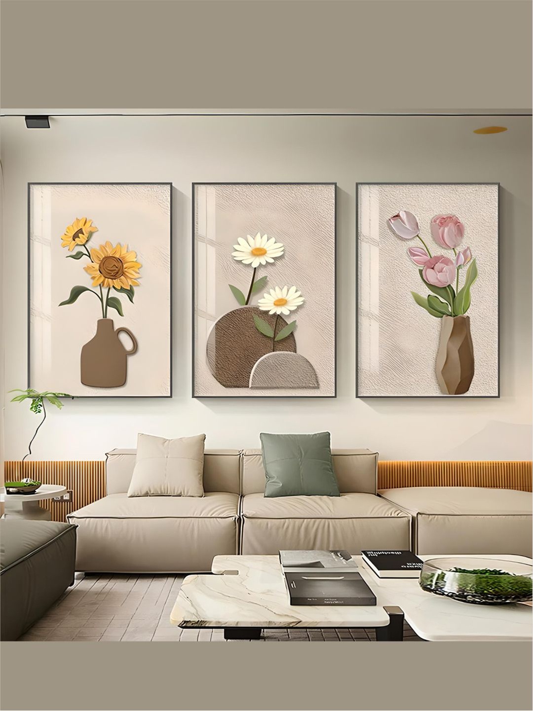 

THE HANDMADE FLAIR Beige & White 3 Pieces Wood Floral Still Life Painting Wall Arts