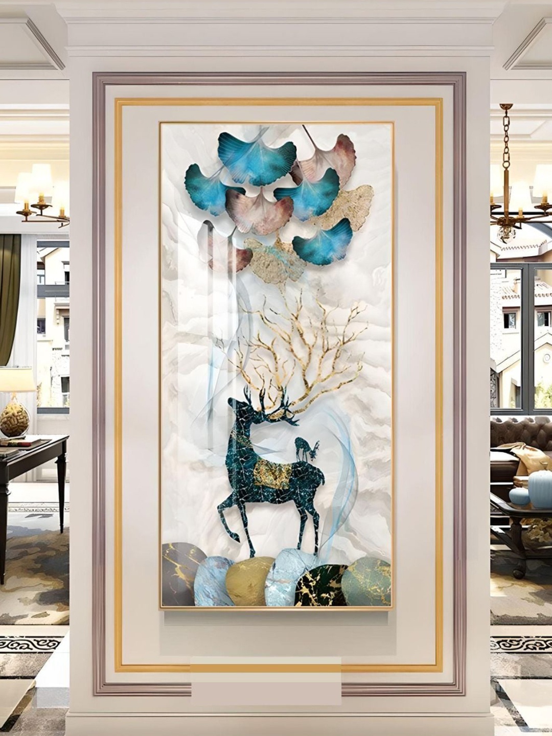 

THE HANDMADE FLAIR Beige & Blue Mystical Deer Framed Painting Wall Art