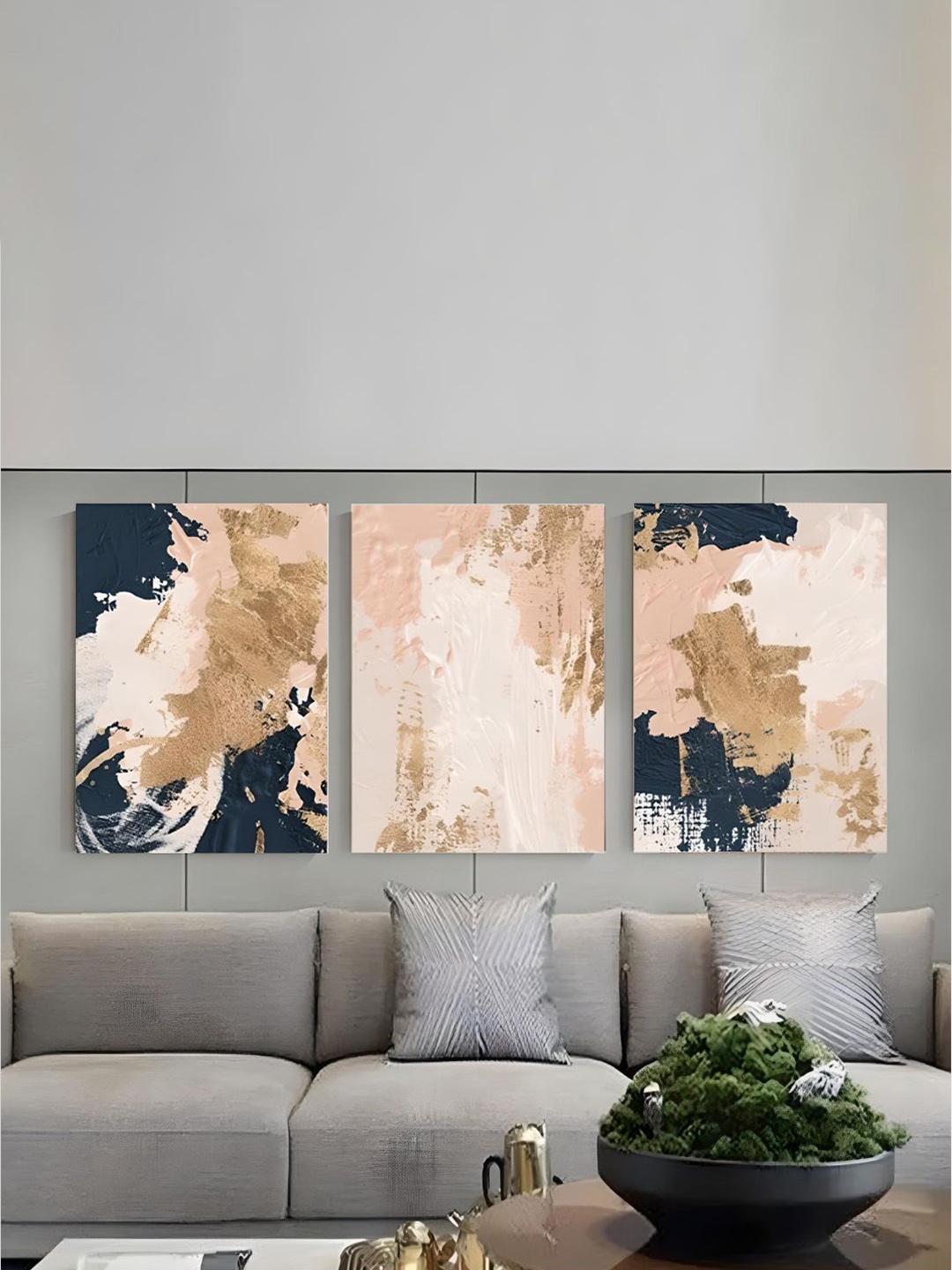 

THE HANDMADE FLAIR 3 Pcs Beige & Blue Abstract Framed Painting Wall Art