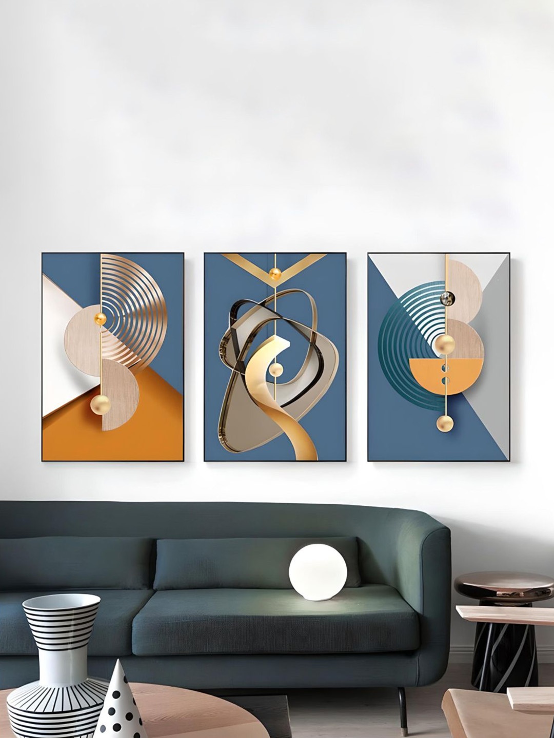 

THE HANDMADE FLAIR 3 Pcs Blue & Gold-Toned Abstract Framed Painting Wall Art