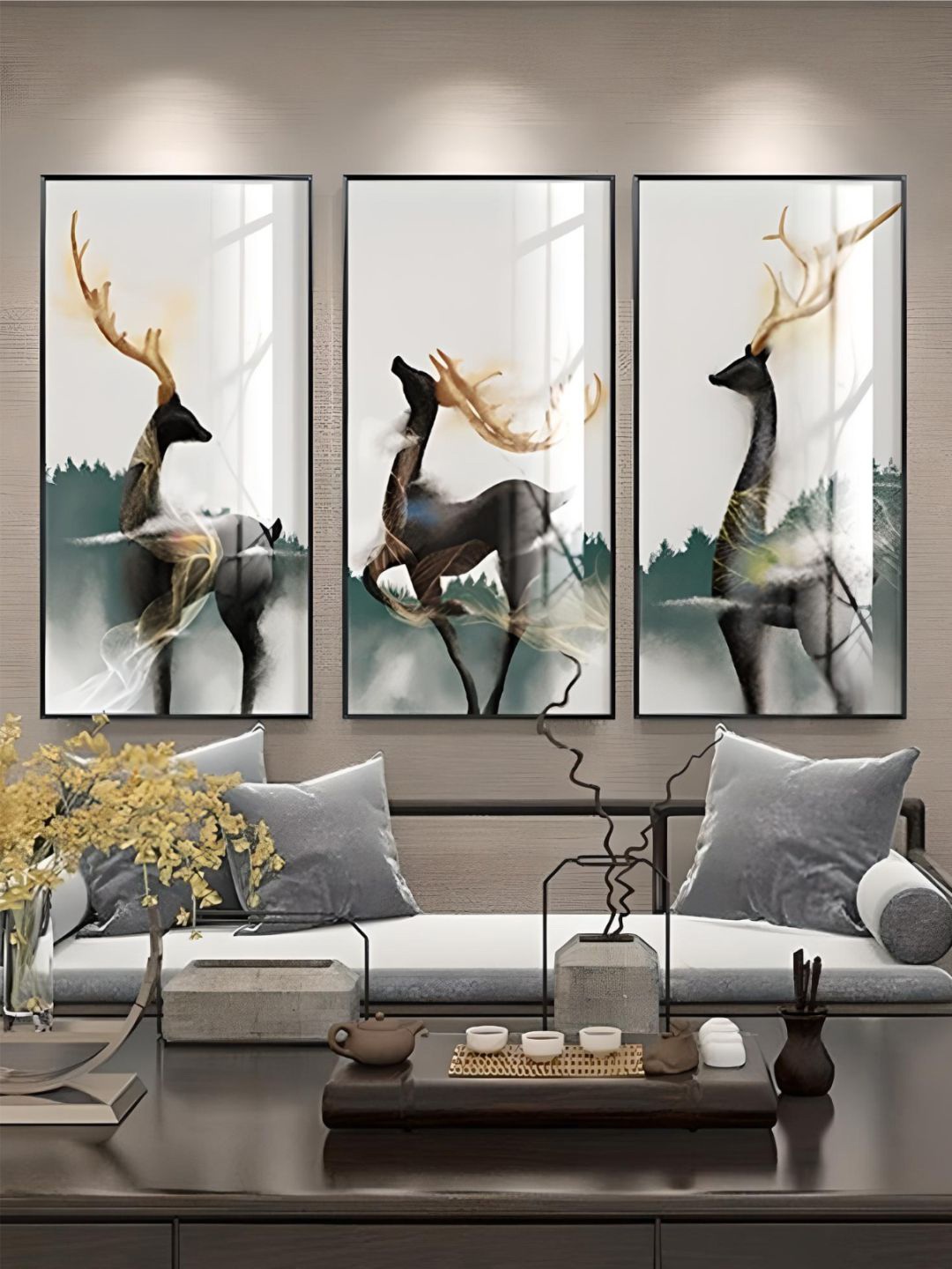 

THE HANDMADE FLAIR 3 Pcs White & Grey Abstract Deer Framed Painting Wall Art