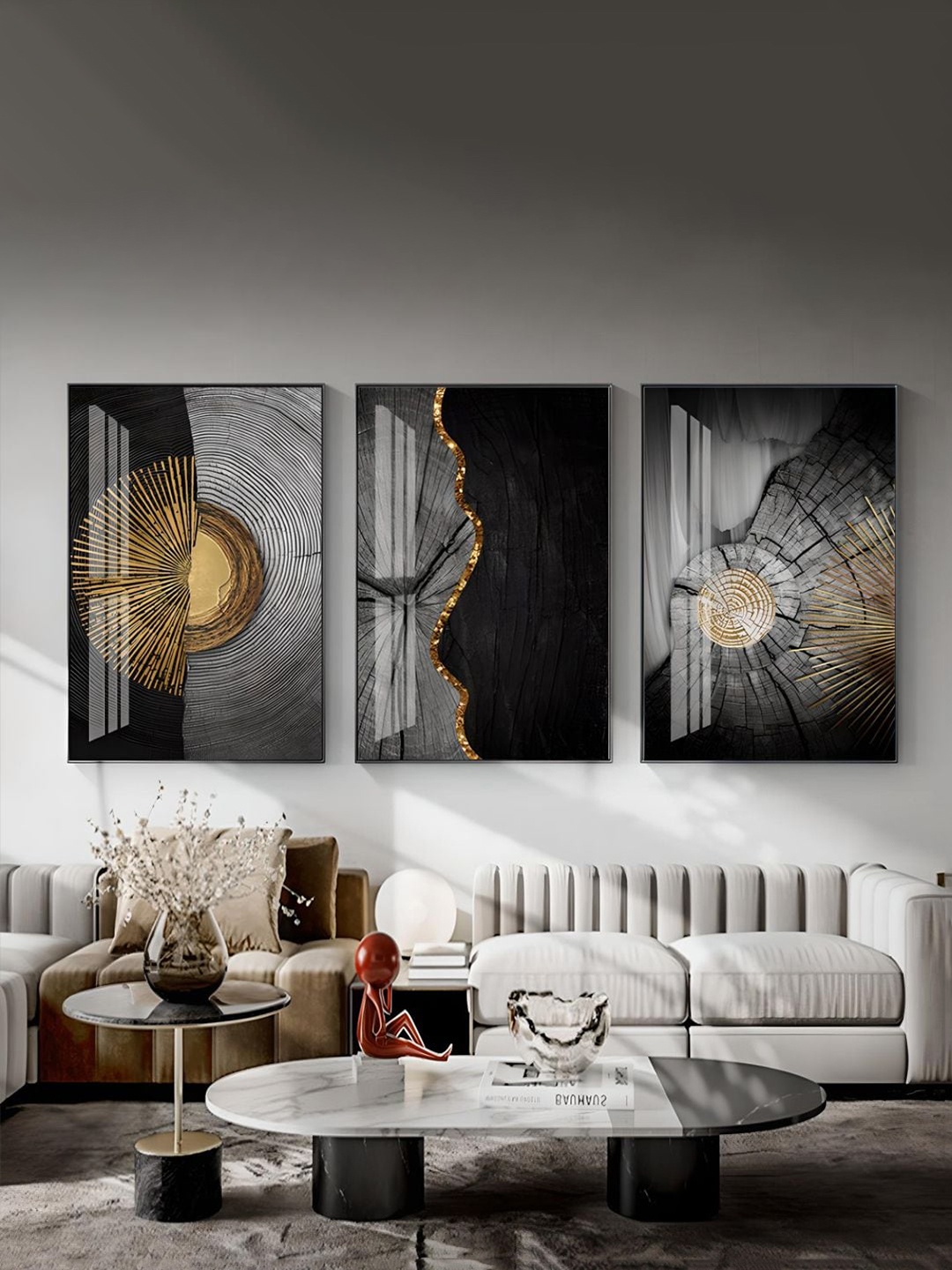 

THE HANDMADE FLAIR Black & Gold Toned 3 Piece Wooden Tree Rings Wall Art