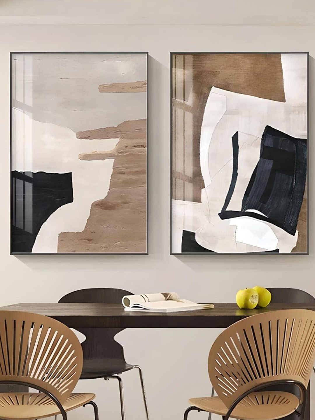 

THE HANDMADE FLAIR Cream-Coloured & Black 2 Pieces Wood Modern Abstract Painting Wall Arts