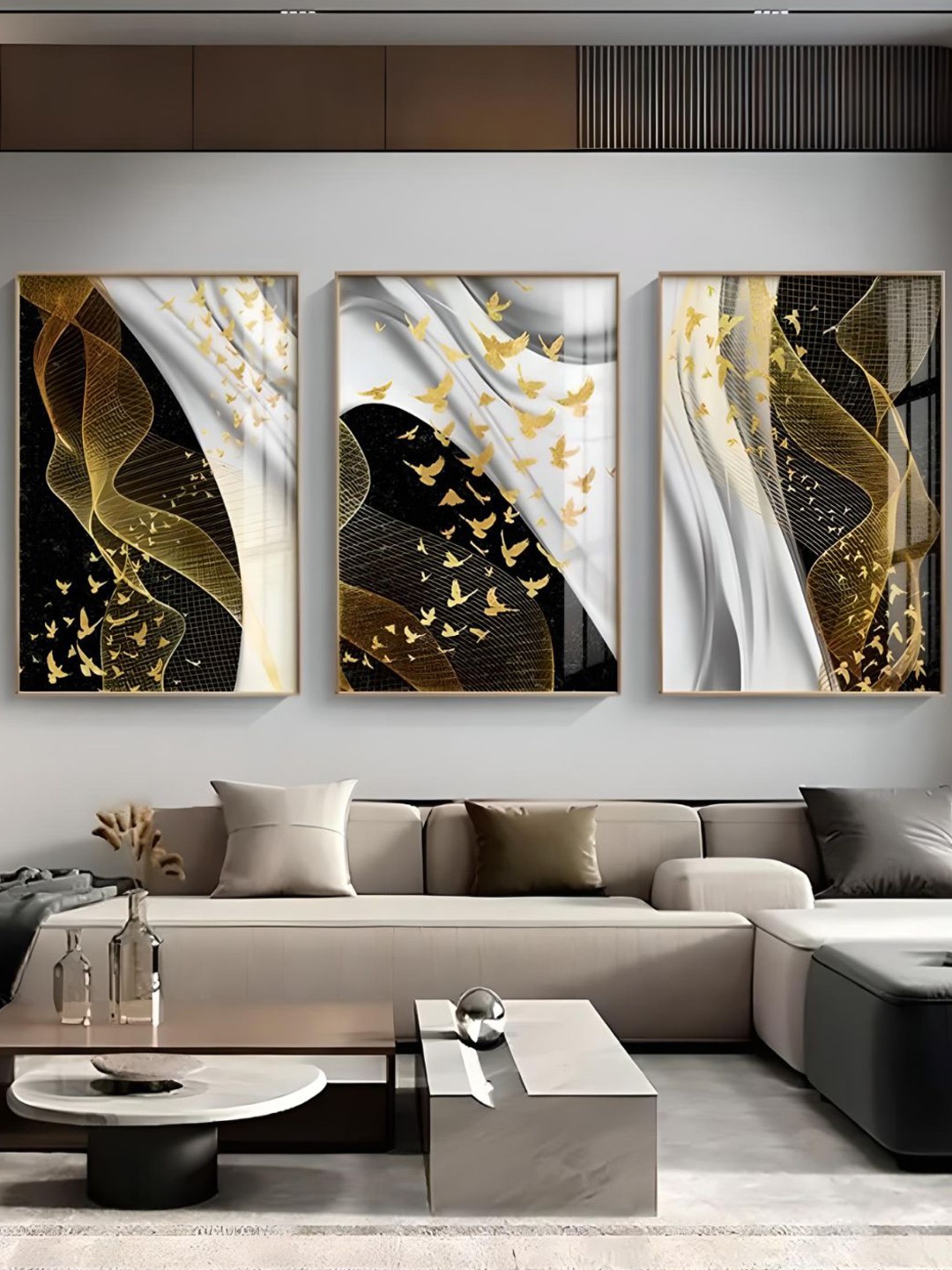 

THE HANDMADE FLAIR Black & White 3 Pieces Wooden Birds Flowing Painting Wall Arts