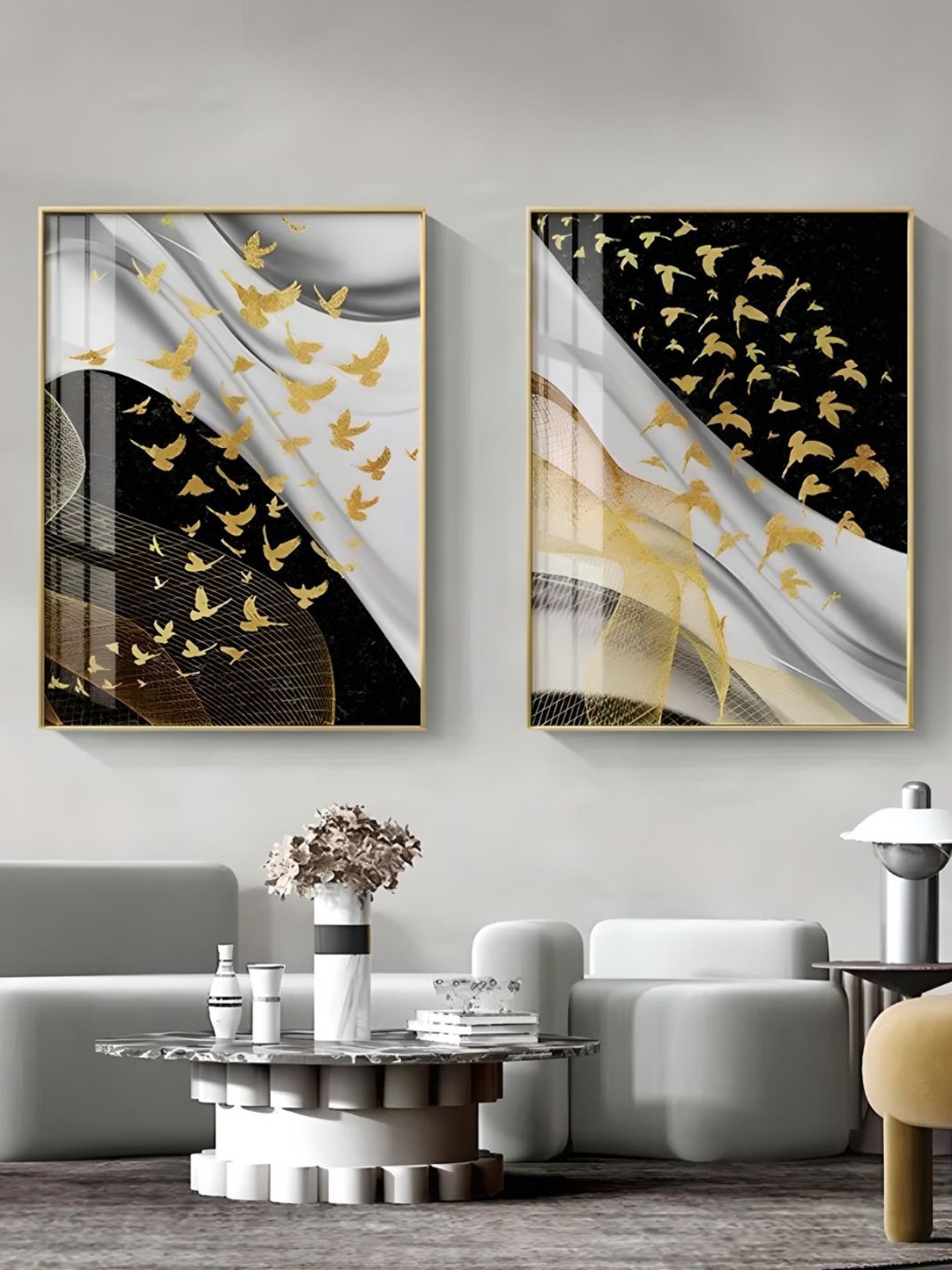 

THE HANDMADE FLAIR Grey & Black 2 Piece Wooden Birds Flowing Painting Wall Arts