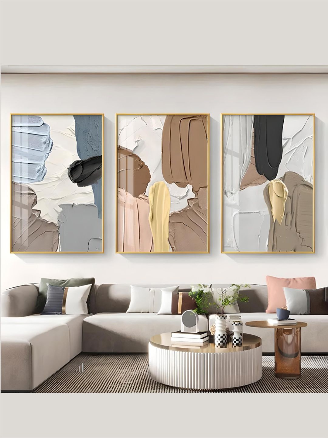

THE HANDMADE FLAIR Brown & White 3 Pieces Abstract Wooden Paintings Wall Art