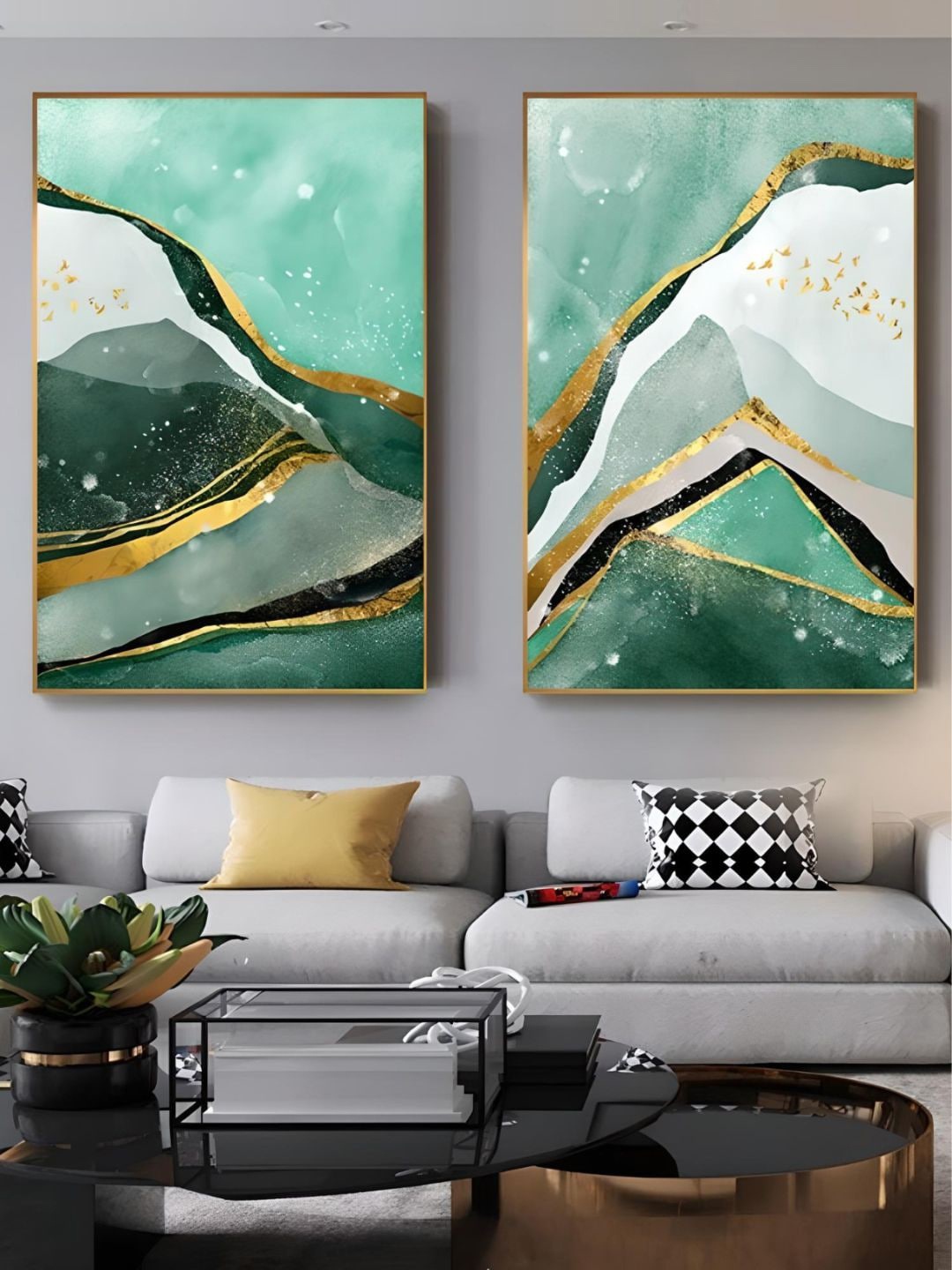 

THE HANDMADE FLAIR 2 Pcs Green & Gold-Toned Abstract Framed Painting Wall Art