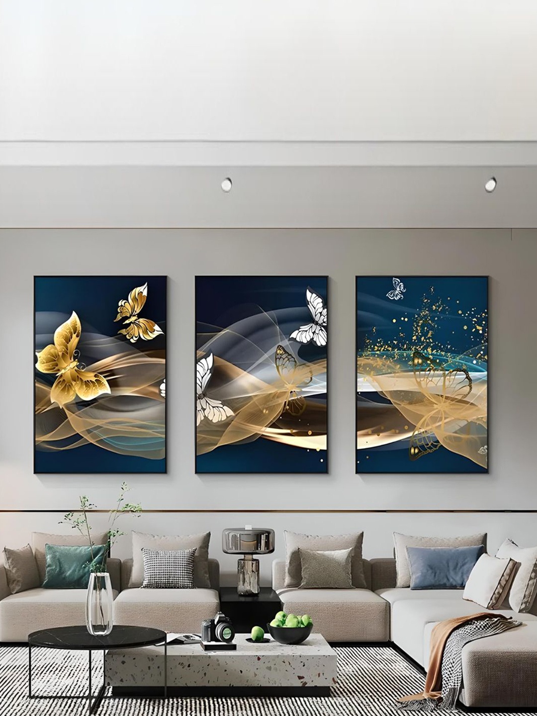 

THE HANDMADE FLAIR Black & Navy Blue 3 Pieces Abstract Wooden Paintings Wall Art