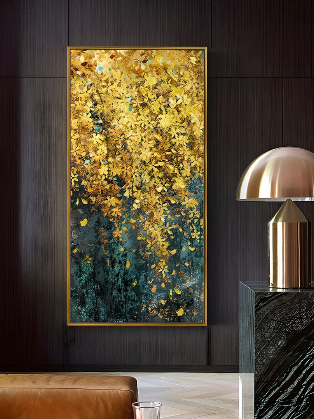 

THE HANDMADE FLAIR Yellow & Blue Wood Golden Leaf Painting Wall Arts