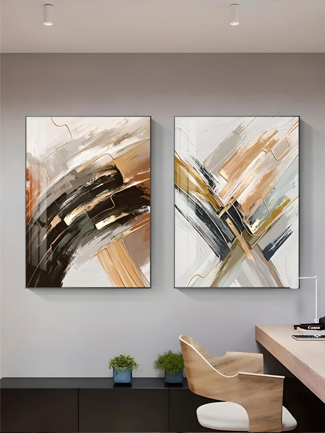 

THE HANDMADE FLAIR Beige & Grey 2 Pieces Abstract Wooden Wall Arts