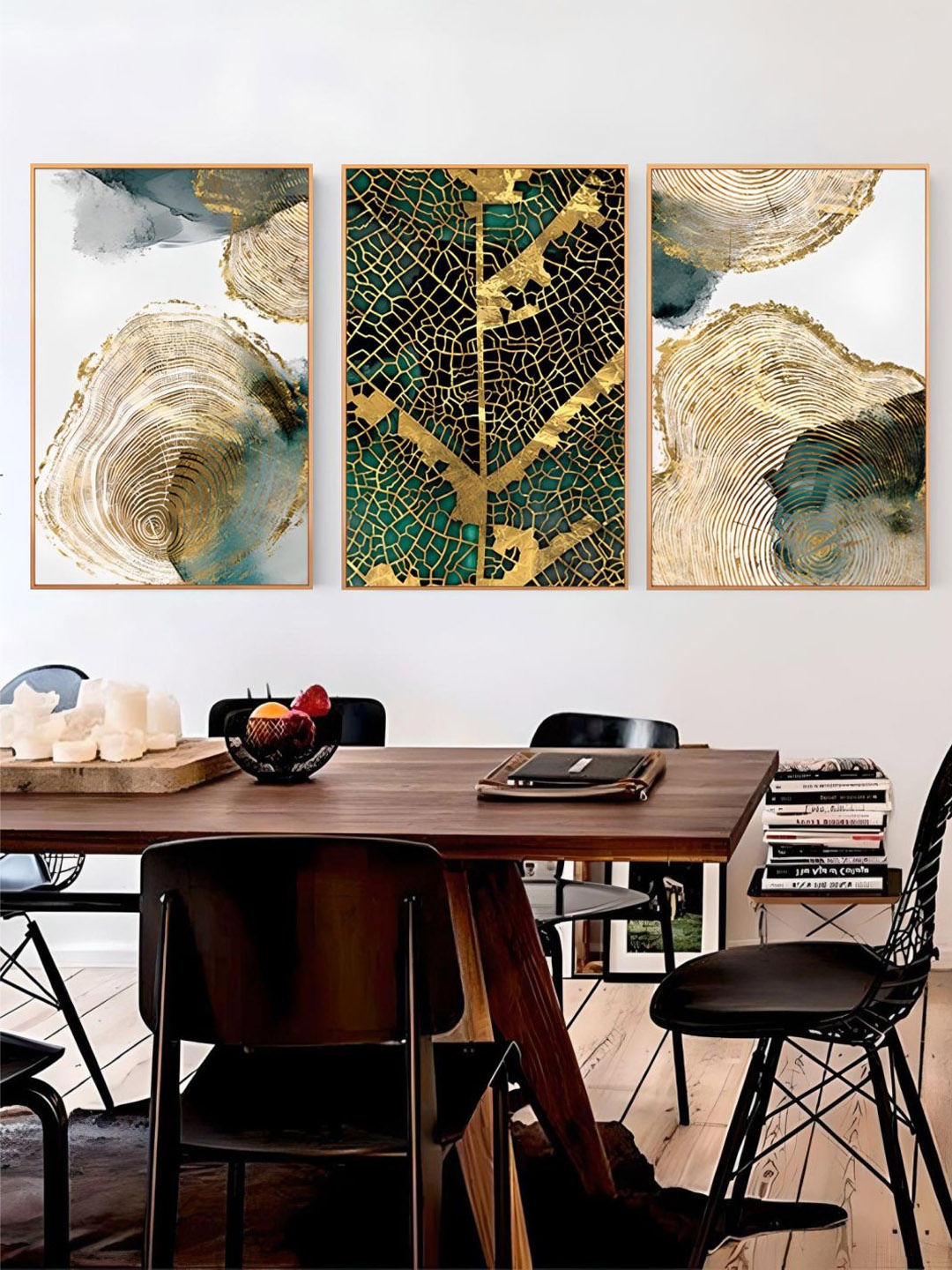 

THE HANDMADE FLAIR White & Green 3 Pieces Wooden Abstract Painting Wall Arts