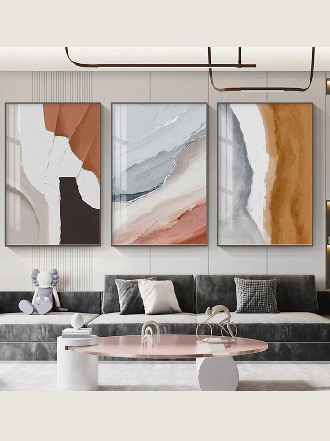

THE HANDMADE FLAIR Grey and Beige 3 Pieces Modern Abstract Terracotta Wall Art