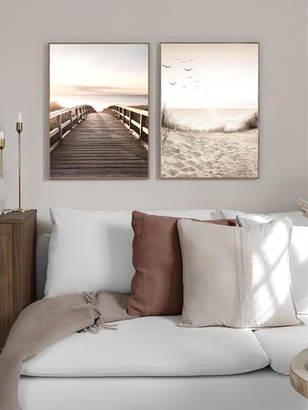 

THE HANDMADE FLAIR Beige & Brown 2 Pieces Wood Beach Sunset Painting Wall Arts
