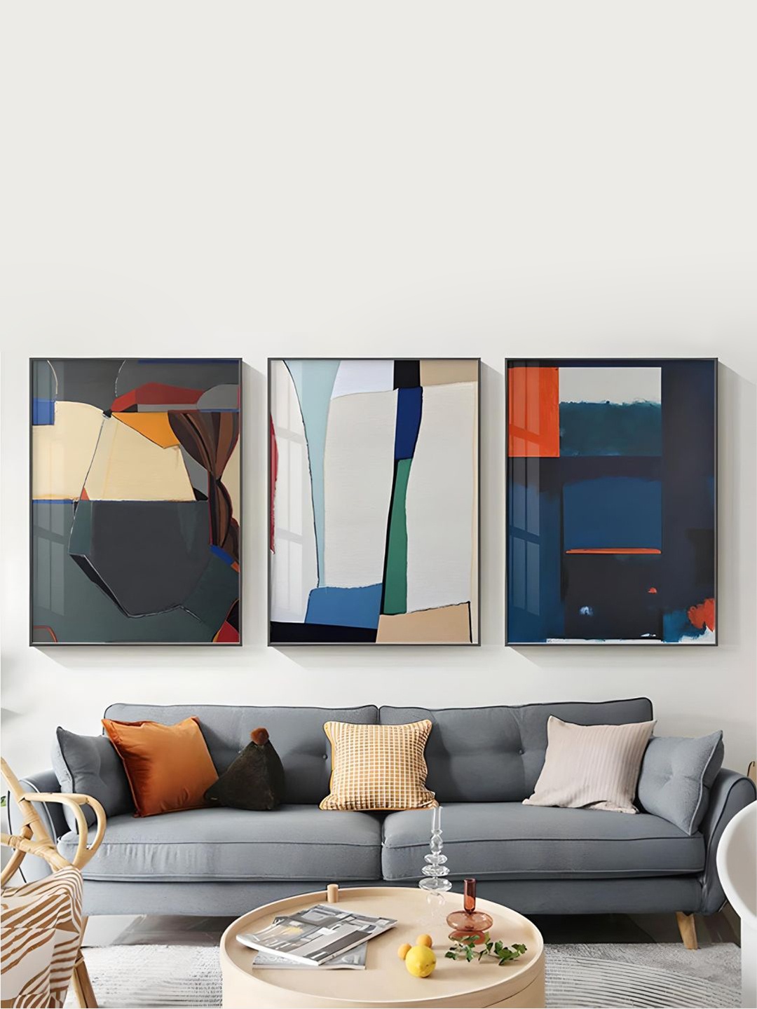 

THE HANDMADE FLAIR Black & Navy Blue 3 Pieces Wooden Abstract Geometric Painting Wall Arts