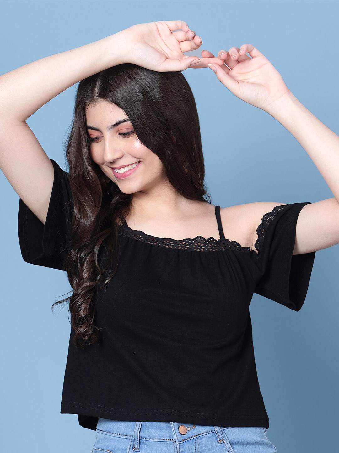 

DIAZ Shoulder Straps Cold-Shoulder Cotton Regular Top, Black