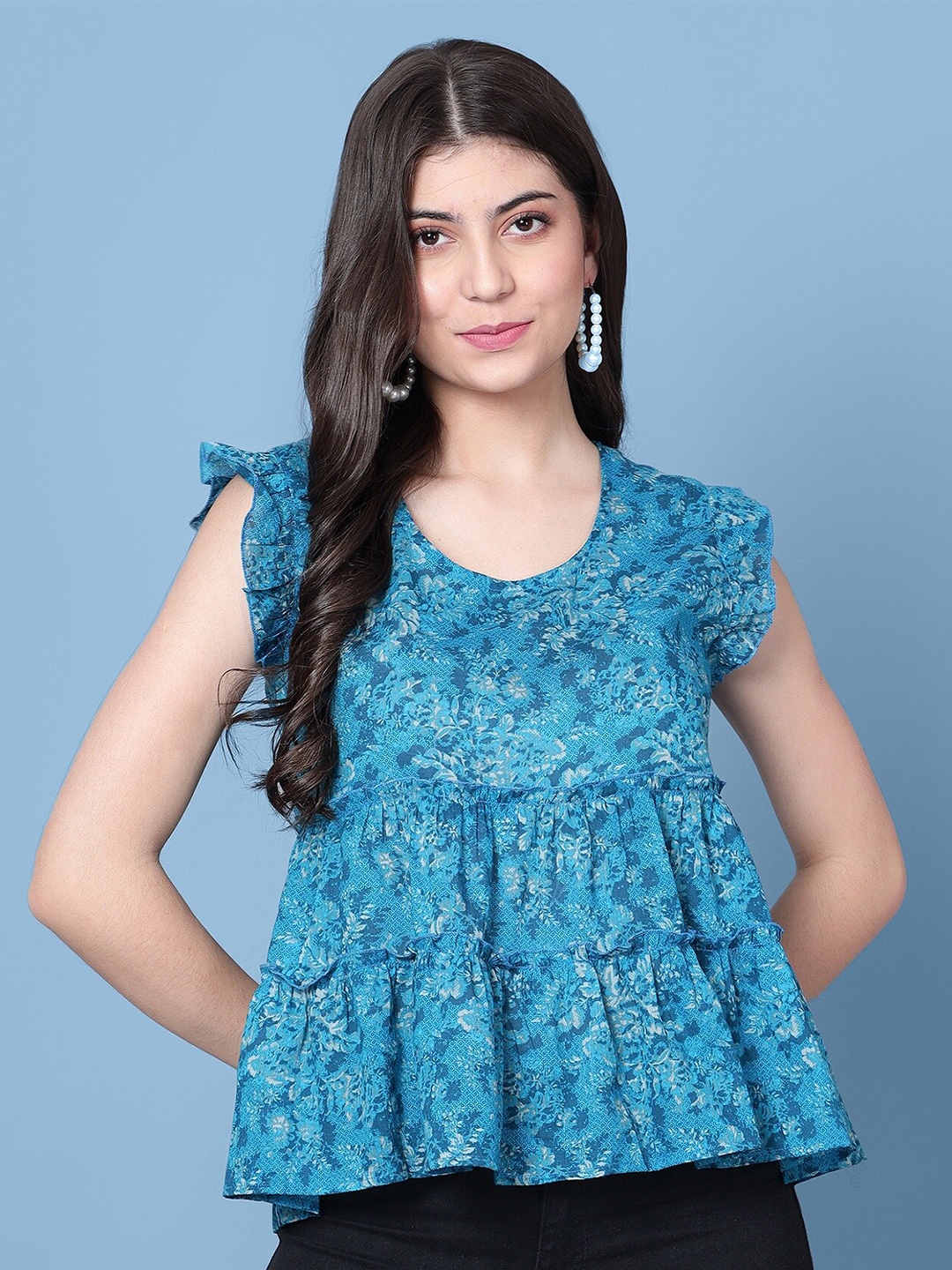 

DIAZ Floral Printed Round Neck Flutter Sleeve Cotton Tiered Top, Blue