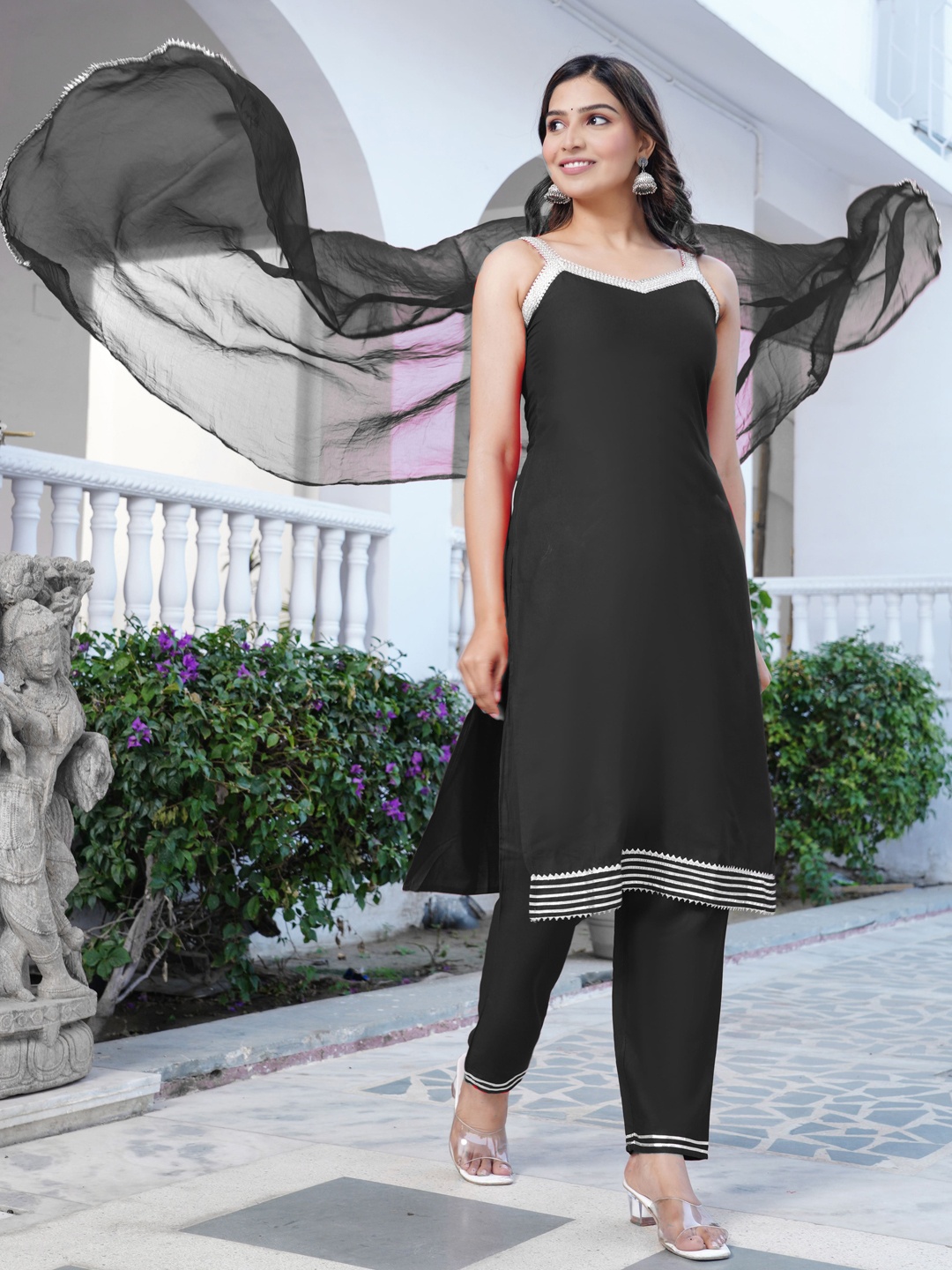 

Shedika Straight Kurta With Palazzos & Dupatta, Black