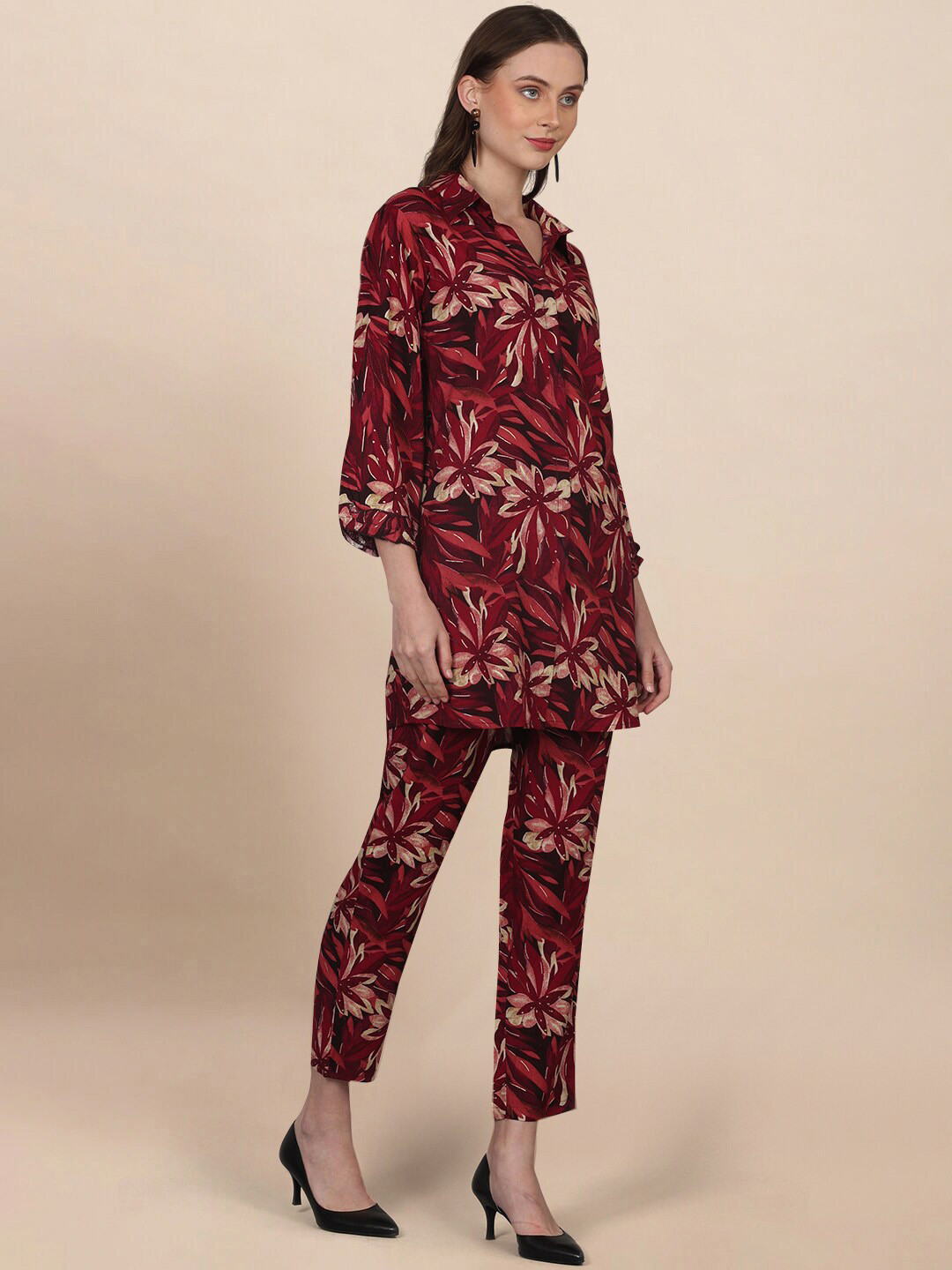 

pinfit Floral Printed Straight Top With Trousers, Red