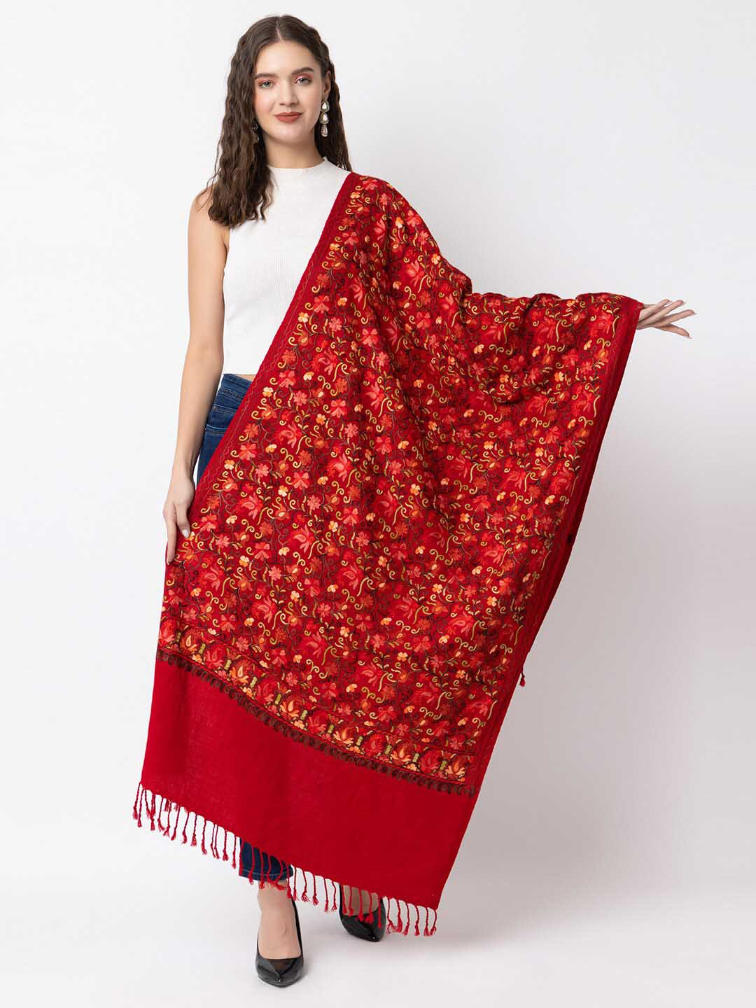 

CASMIR Women Floral Embroidered Thread Work Detailed Shawl, Red