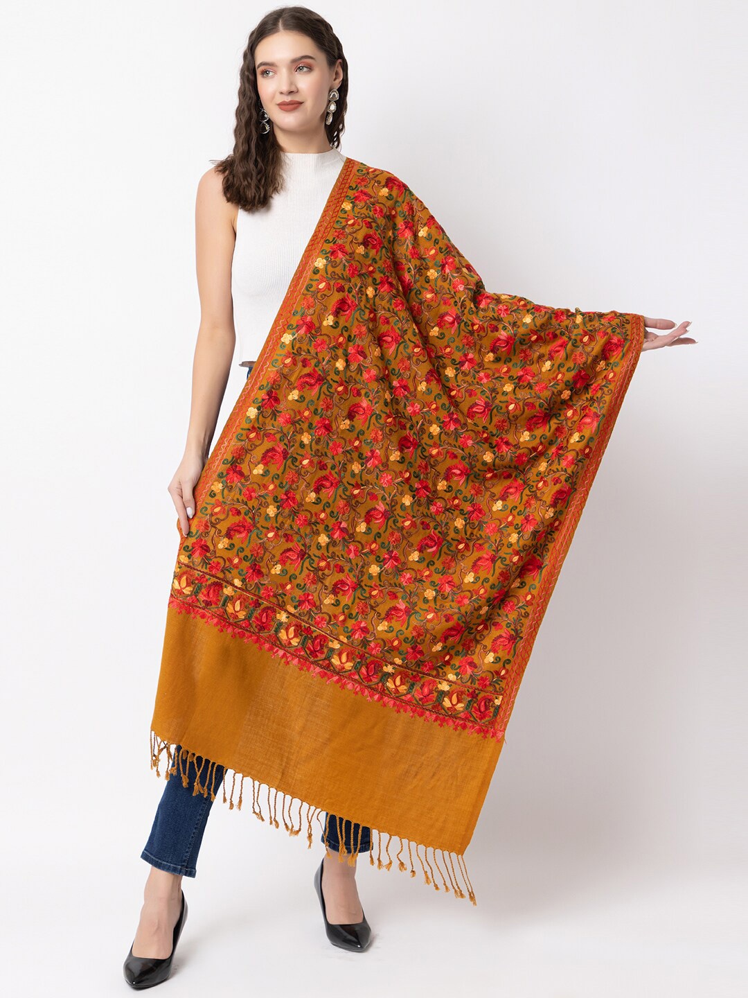 

CASMIR Women Floral Embroidered Thread Work Detailed Shawl, Mustard