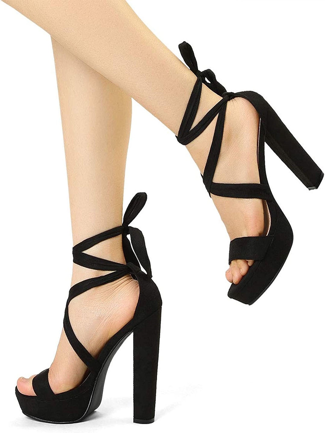 

JM Looks Open Toe Lace-Up Platform Heels, Black