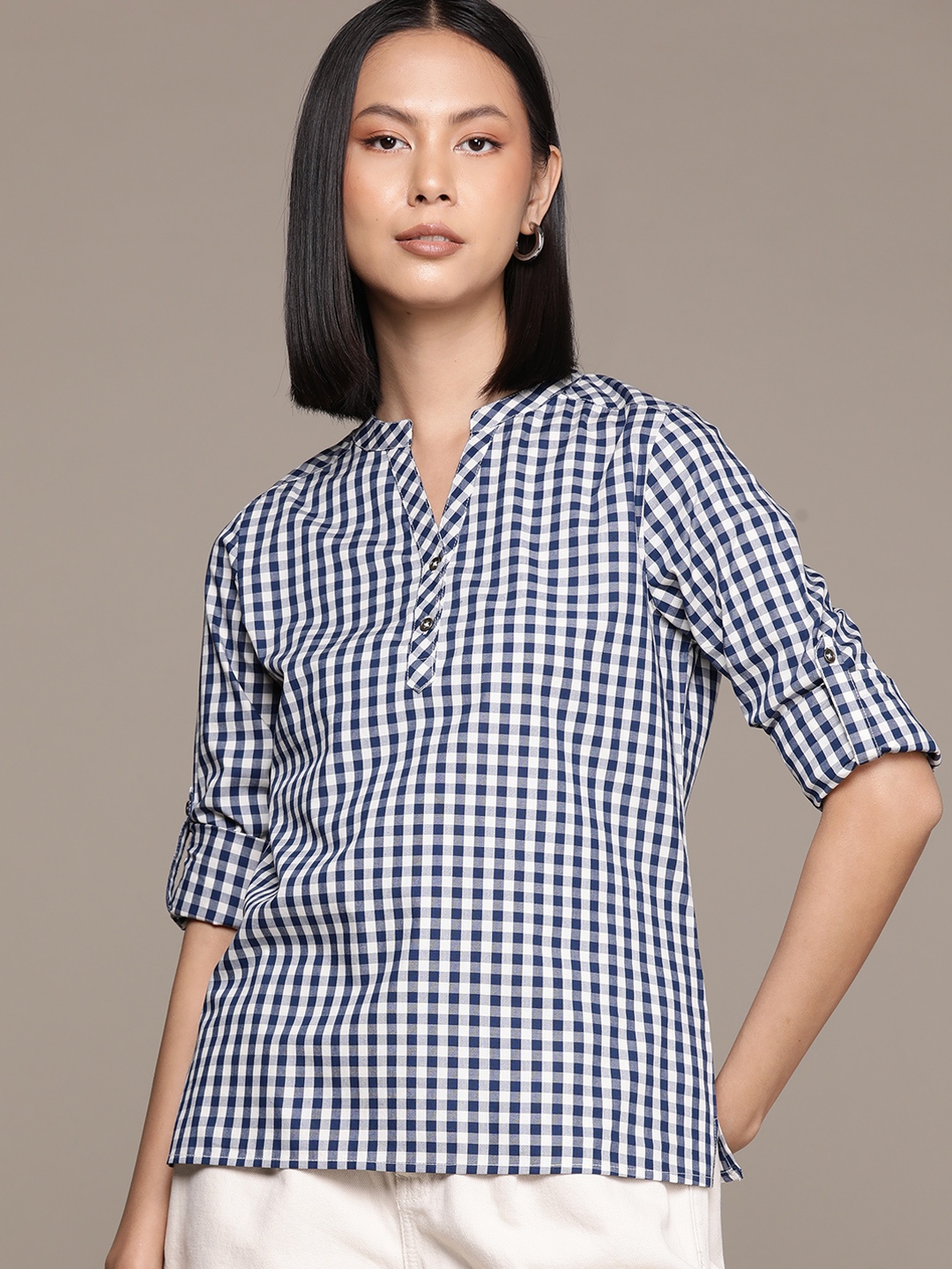 

Roadster Checked Mandarin Collar Roll-Up Sleeves Shirt Style Top, Blue