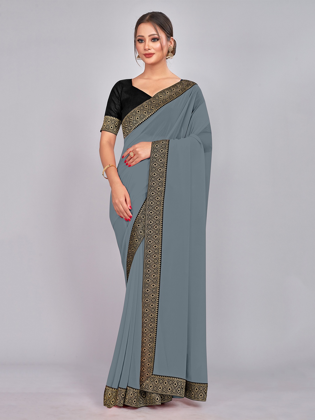 

CastilloFab Zari Pure Georgette Saree, Grey