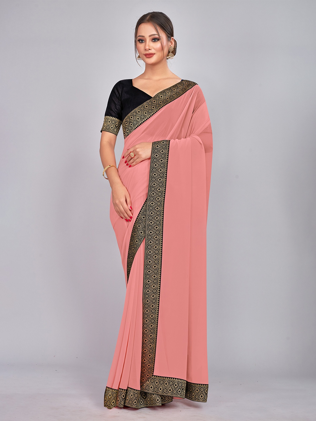 

CastilloFab Zari Pure Georgette Saree, Peach