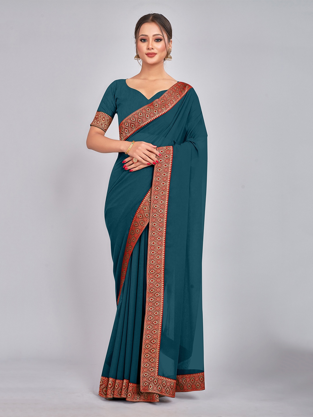 

CastilloFab Zari Pure Georgette Saree, Teal