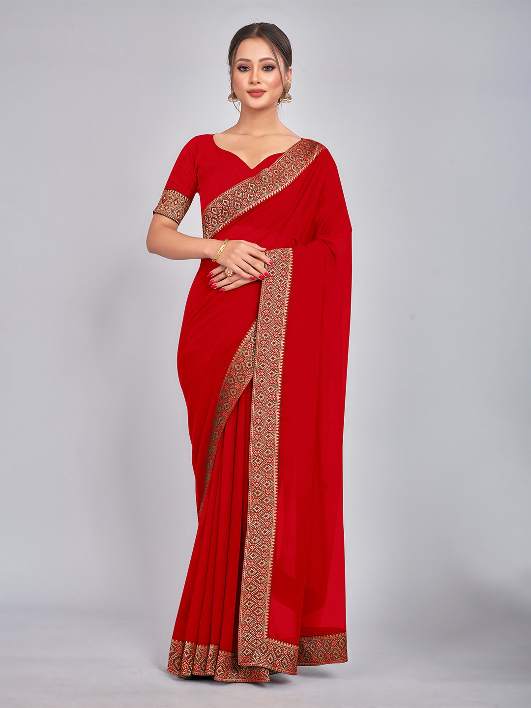 

CastilloFab Zari Pure Georgette Saree, Red