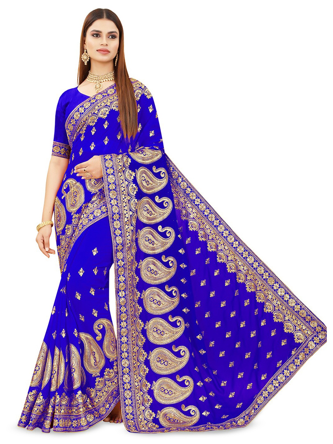 

B Bella Creation Paisley Embroidered Beads & Stones Saree, Blue