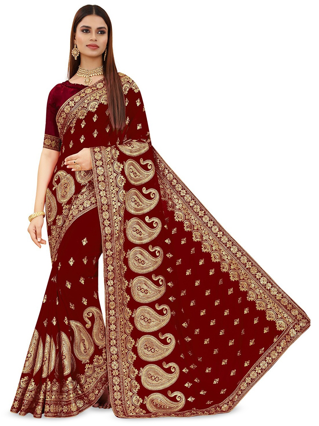 

B Bella Creation Paisley Embroidered Beads & Stones Saree, Maroon