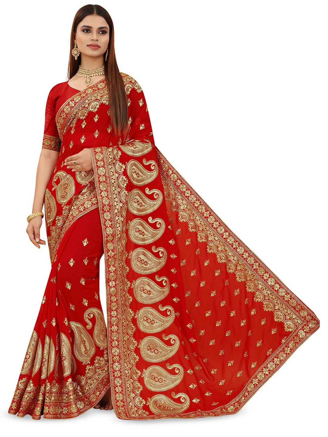 

B Bella Creation Paisley Embroidered Beads & Stones Saree, Red