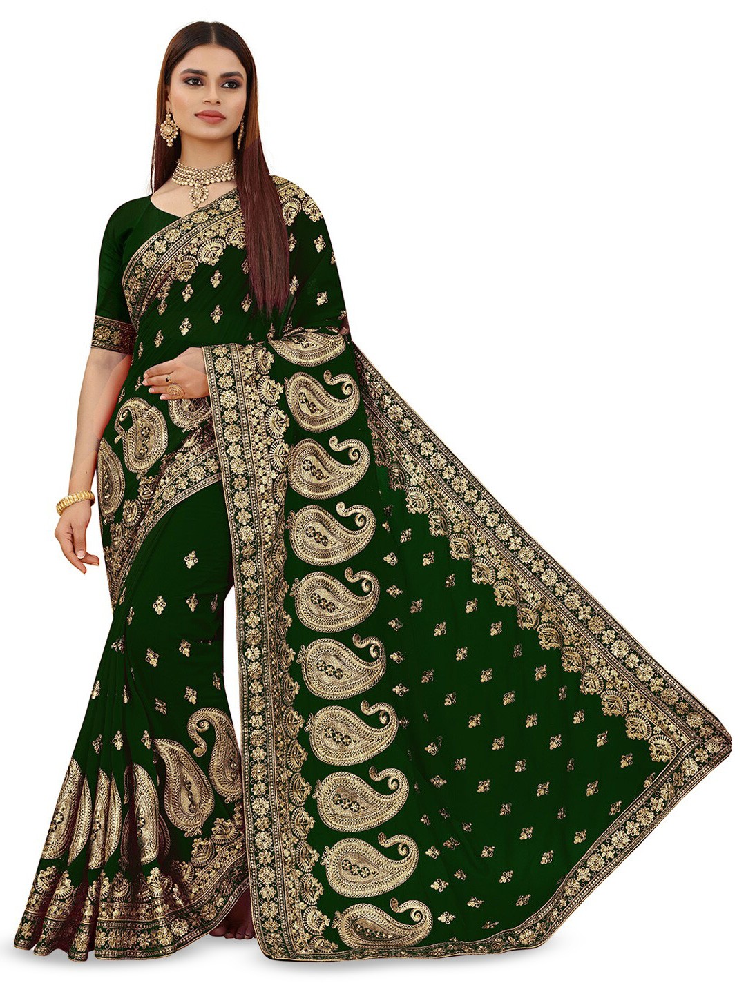 

B Bella Creation Paisley Embroidered Beads & Stones Saree, Green