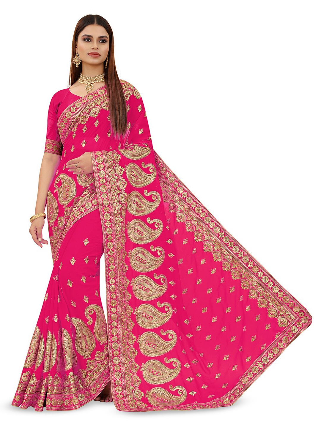 

B Bella Creation Paisley Embroidered Beads & Stones Saree, Pink