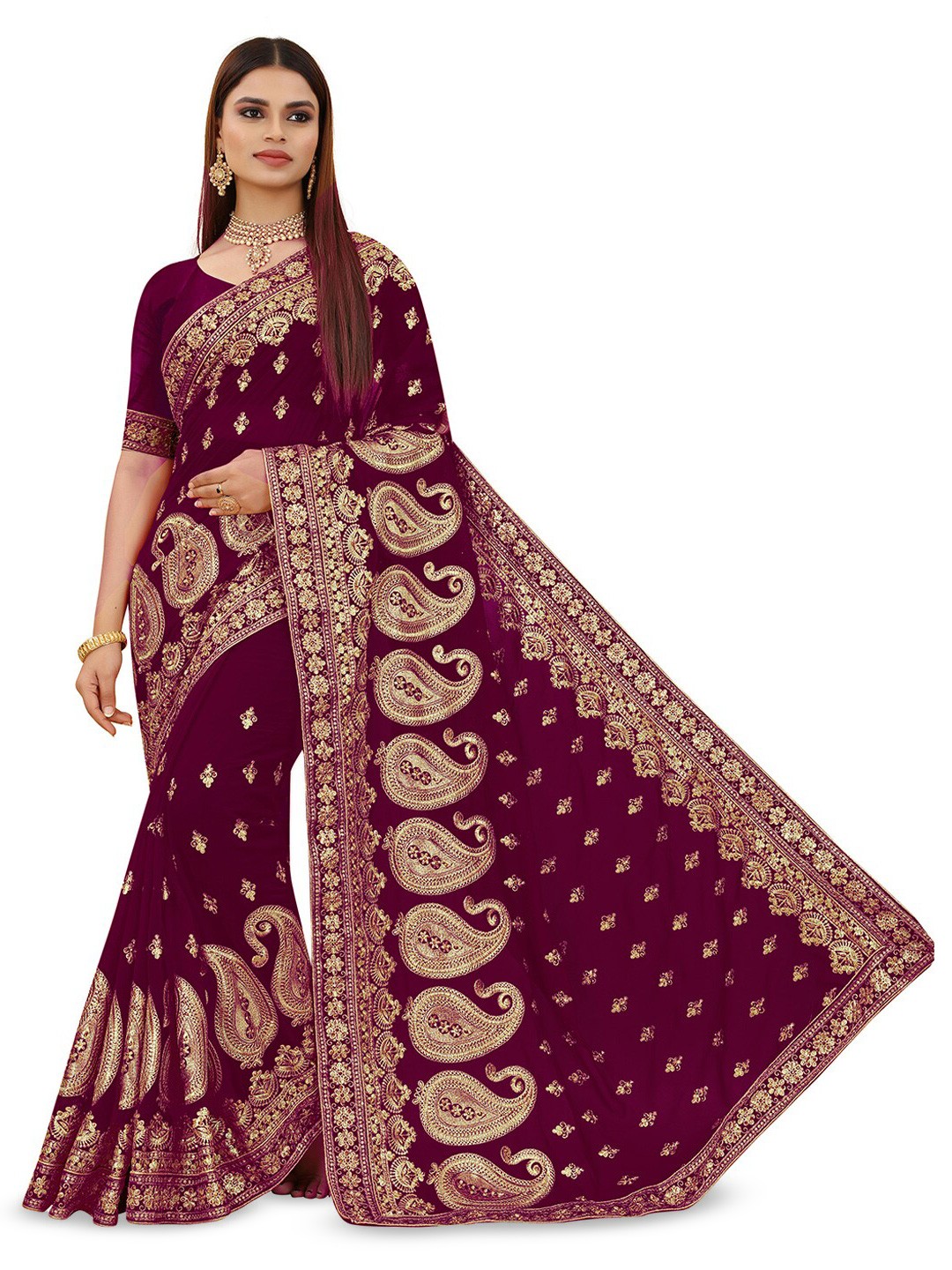 

B Bella Creation Paisley Embroidered Beads & Stones Saree, Purple