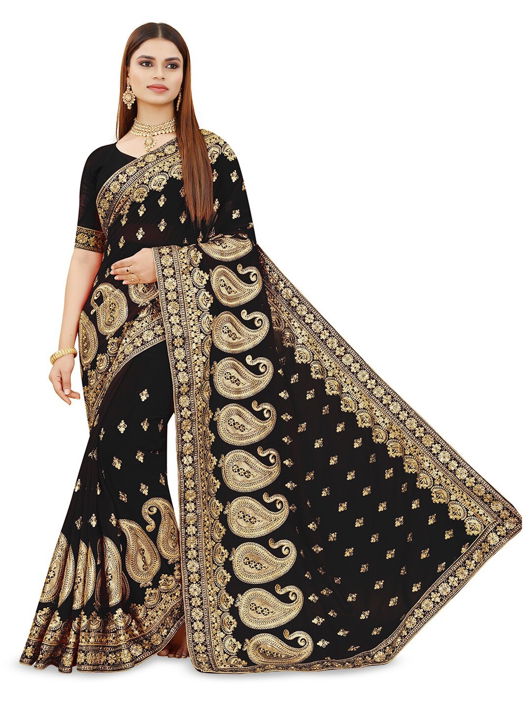 

B Bella Creation Paisley Embroidered Beads & Stones Saree, Black