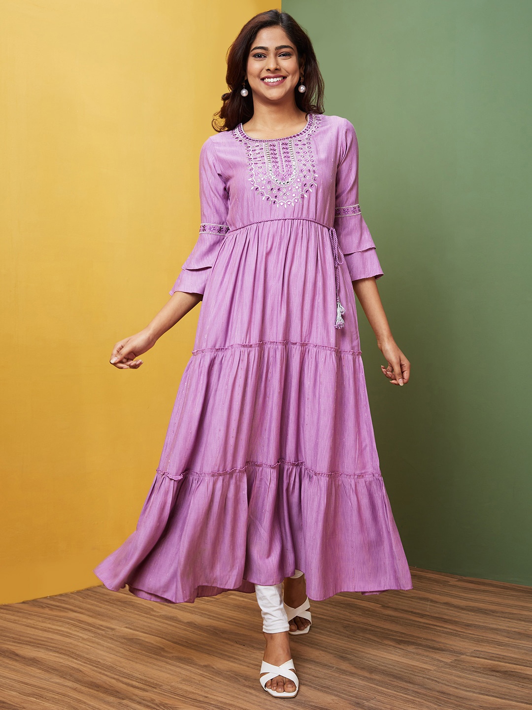 

Globus Ethnic Motifs Embroidered Flared Sleeves Round Neck A-Line Kurta, Lavender