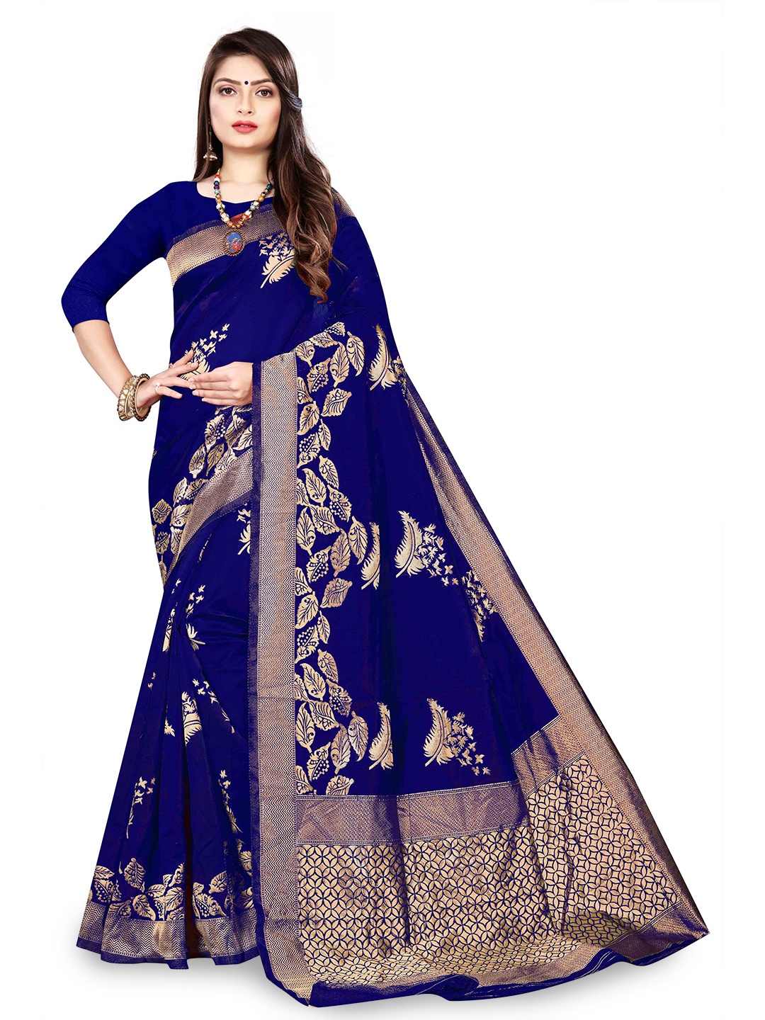 

ISHA TRADE Navy Blue Woven Design Silk Blend Saree